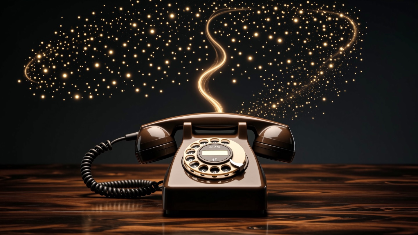 A bronze rotary telephone on dark wood, its handset resting, a thin ribbon of amber light rising from it into a field of small lights.